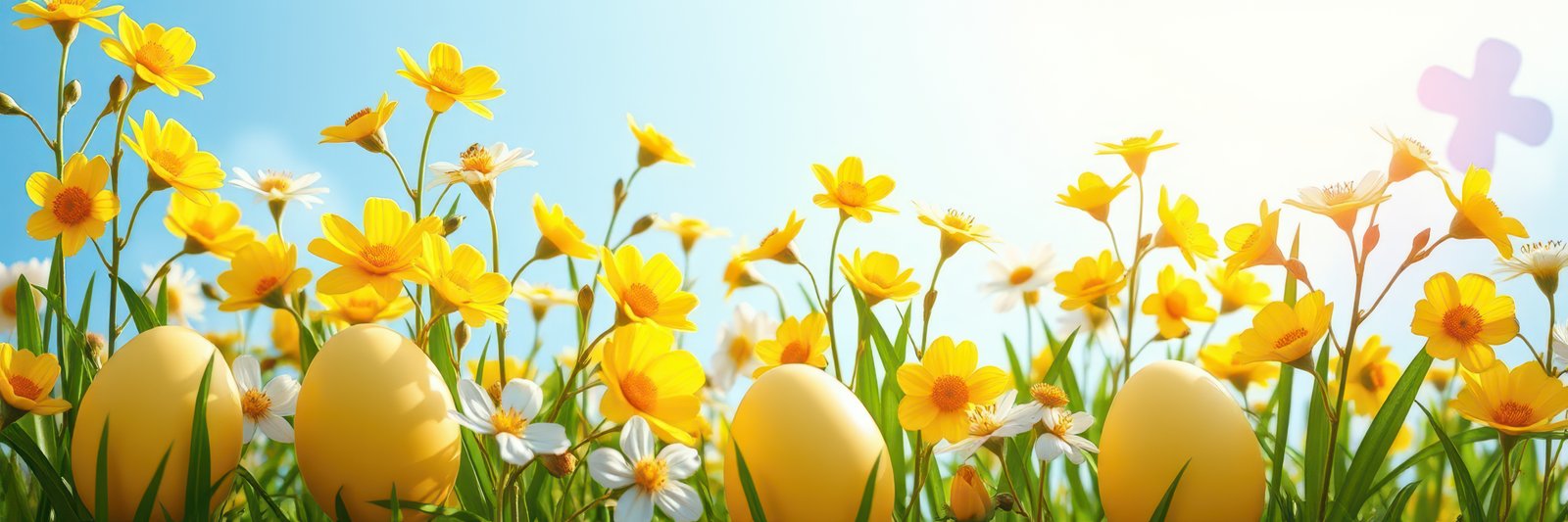 Colorful spring flowers and decorative eggs on a sunny day in a vibrant garden